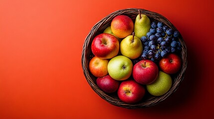 Basket overflowing with fresh, vibrant fruit including apples, pears, and grapes on a solid orange background, suggesting healthy eating and autumnal abundance