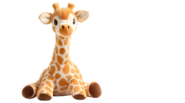 A plush giraffe toy sitting upright with a long neck and brown spots   isolated on transparent background
