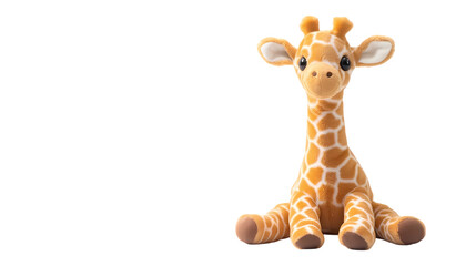 A stuffed giraffe toy with brown spots sitting upright   in a studio shot isolated on transparent background