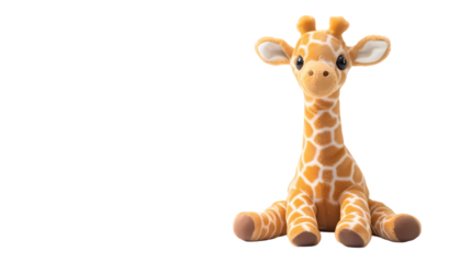 A stuffed giraffe toy with brown spots sitting upright   in a studio shot isolated on transparent background