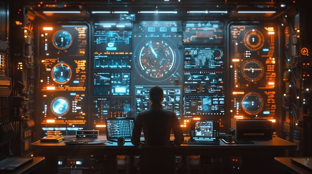 Futuristic remote working environment where professionals collaborate through AI enhanced digital interfaces