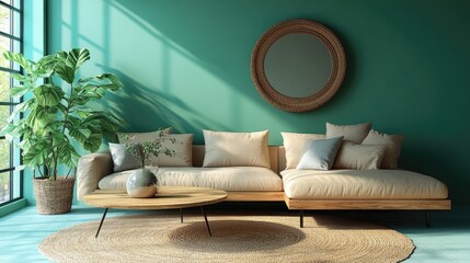 Modern teal living room interior design with sunlight.