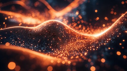 Abstract glowing orange and blue particle wave background with bokeh effect
