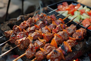 Deliciously grilled Uzbek shashlik served on skewers with fresh vegetables