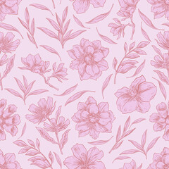 seamless pattern hand drawn flowers engraving set