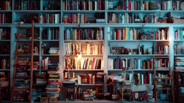 A full bookshelf with a ladder and many books stacked on the shelves and on the floor area below , zoom in