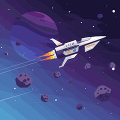Naklejka premium A spacecraft is seen traveling through deep space, passing by asteroids and other cosmic objects. The image suggests a sense of adventure and the possibilities of interstellar travel.