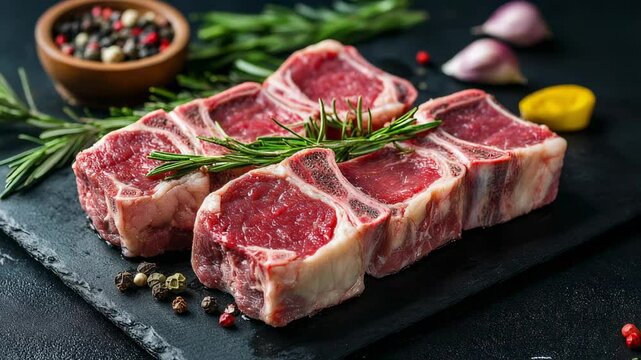 Raw lamb chops preparation on black stone board for gourmet dining