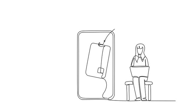 Animated self drawing of continuous line drawing a woman sits on small sofa hold laptop and thief fishing credit card. Hack. National Senior Fraud Awareness Day. Full length single line animation