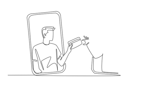 Animation of continuous one line drawing a man is out of his smartphone handing his credit card to a thief. National Senior Fraud Awareness Day. Single line self drawing animated. Full length motion - Powered by Adobe