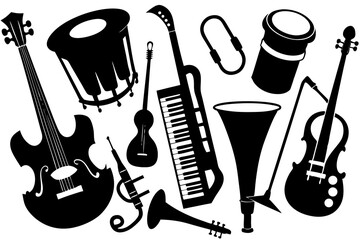 Black and White Abstract Musical Instruments Illustration &ndash; Guitar, Drums, Saxophone, Violin, Piano Keys