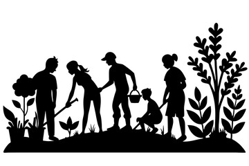 Obraz premium Family Silhouette Walking in Nature – Black and White Minimalist Outdoor Adventure