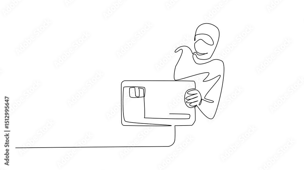 Poster animated self drawing of one line drawing thief appears from behind smartphone and takes out credit 