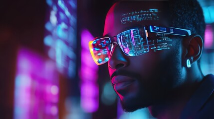 Man with augmented reality glasses in a futuristic neon lit environment close up portrait view