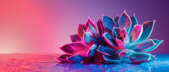 Obraz premium Trendy neon background with succulent plant.