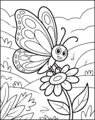 Beautiful butterfly with flower in nature black outline vector children coloring page or book design