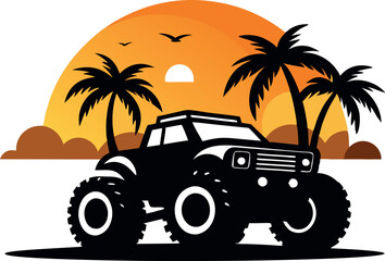 Synthase Monster Truck Vector Art with Palm Trees and Sunset