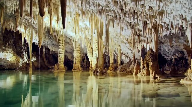Breathtaking underwater cave system with stalactites and turquoise water creating a surreal natural spectacle, crystal clear reflections