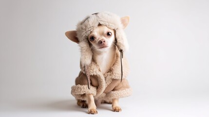 A small dog wears a fluffy winter hat and coat, posing against a plain light background. Generated AI.