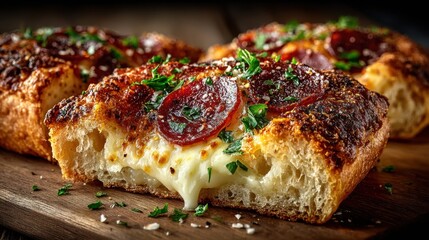 bread, cheese, pepperoni, rustic, wooden, golden, crispy, crust, melted, soft, airy, interior, rich, inviting, slices, vibrant, red, savory, fresh, green, herbs, sprinkled, color, hint, background, da