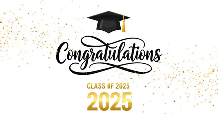 Elegant congratulations design for the class of 2025 graduation celebration with cap and confetti