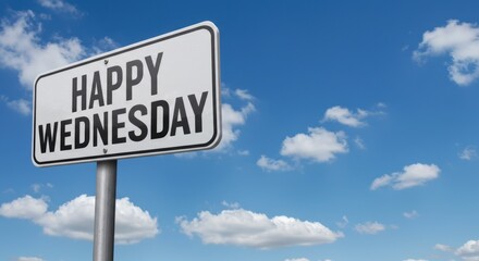 Happy Wednesday: A Cheerful Road Sign Against a Bright Blue Sky with Fluffy Clouds