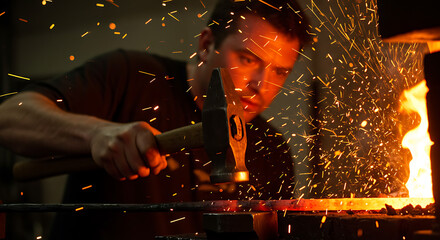 Blacksmith Forging Hot Metal with Hammer
