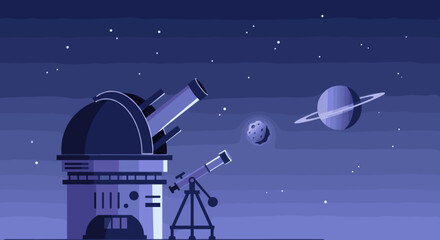 A high-tech telescope in space pointed toward the stars. The image suggests a theme of astronomical discovery, observation, and space exploration.