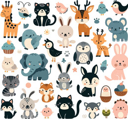 Cute Cartoon Animal Pattern with Farm and Wild Pets Collection