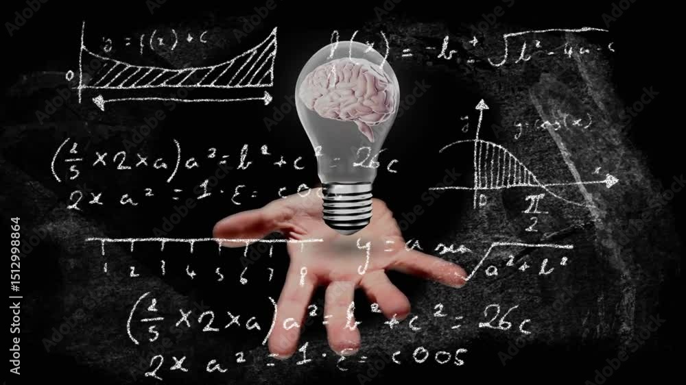 Poster hand entering holding brain bulb as chalk equations and graphs animating around it visualizing idea