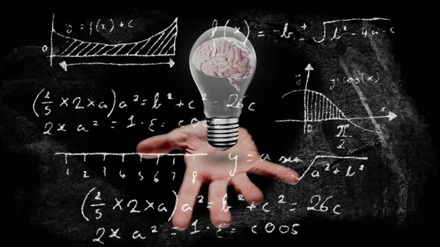 Hand entering holding brain bulb as chalk equations and graphs animating around it visualizing idea