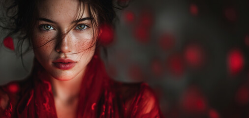 A close-up of a woman with green eyes, red lips, and tousled hair wearing a red sheer fabric. Generated AI.
