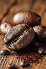 Close up of coffee beans on wooden table