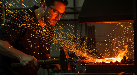 Blacksmith Working with Metal and Fire