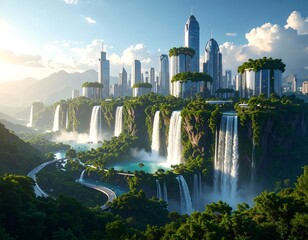 Obraz premium Futuristic city nestled amidst waterfalls