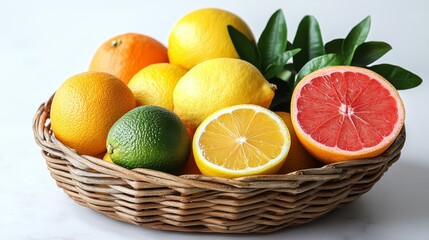 Vibrant Citrus Collection in Woven Basket Displaying a Diverse Selection of Brightly Colored Fruits with Greenery accents presenting the Freshness