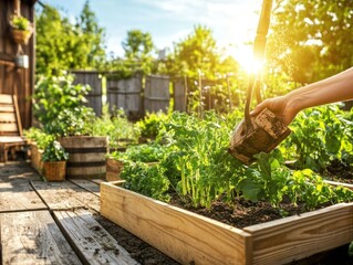 Person watering garden plants