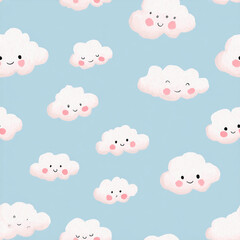 A blue background with a pattern of clouds with smiling faces