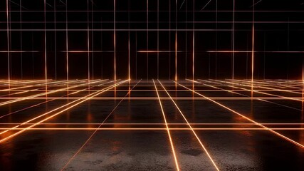 Vibrant neon grid pattern creates a sense of infinite space, glowing lines over glossy black surface, perfect for futuristic visuals - Powered by Adobe