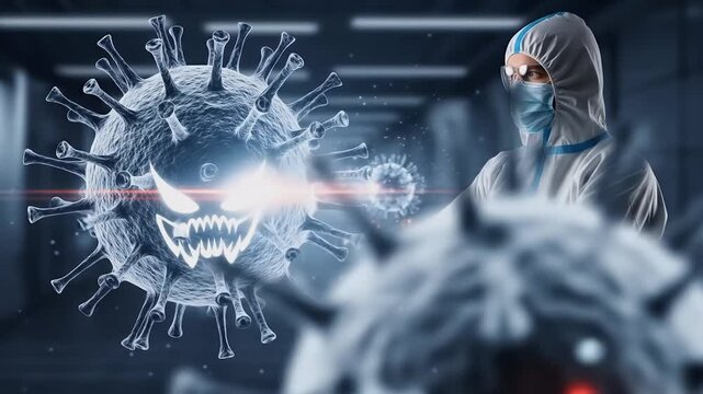 Medical Professional in Full Protective Gear Fighting Aggressive Virus Illustration — Healthcare Hero Concept - Powered by Adobe