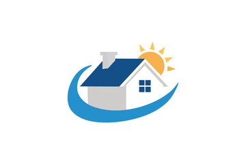 Simple house logo with sun and blue swoosh real estate and home construction logo with sun and arc design