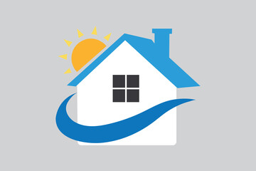 Simple house logo with sun and blue swoosh real estate and home construction logo with sun and arc design