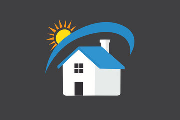 Simple house logo with sun and blue swoosh real estate and home construction logo with sun and arc design