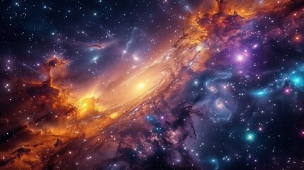 Naklejka premium Vivid cosmic scenery, showcasing a colorful nebula with a multitude of brilliant stars scattered all around.