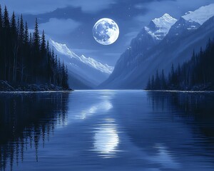 Serene lake at night under a full moon