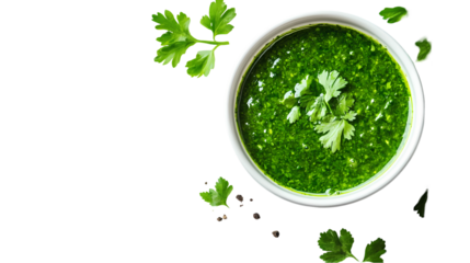 Close up of a bowl filled with green sauce and garnished with fresh parsley  isolated on transparent background