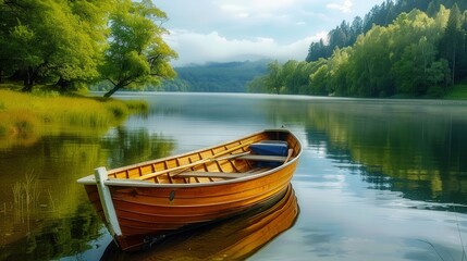 Obraz premium A serene wooden rowboat sits peacefully on a calm lake, mirroring lush trees and tranquil skies.