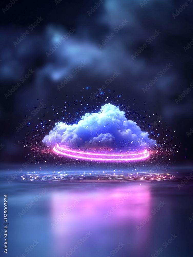 Poster minimalist neon cloud data hud with glowing particles and reflections