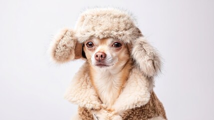 A small dog wears a fluffy winter hat and coat, posing against a plain light background. Generated AI.