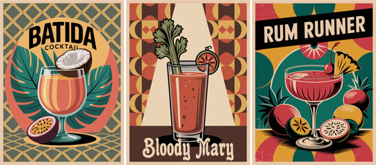 Cocktails retro poster set. Bllody Mary, Rum Runner, Batida. Collection of exotic alcohol drinks. Vintage style vector illustrations, bar, pub, restaurant, kitchen wall art print